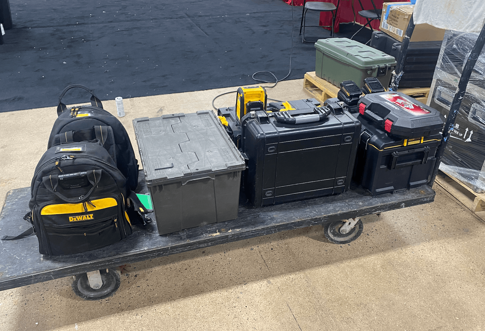 Cart loaded with Master Billiards tools and DeWalt cases ready for a job